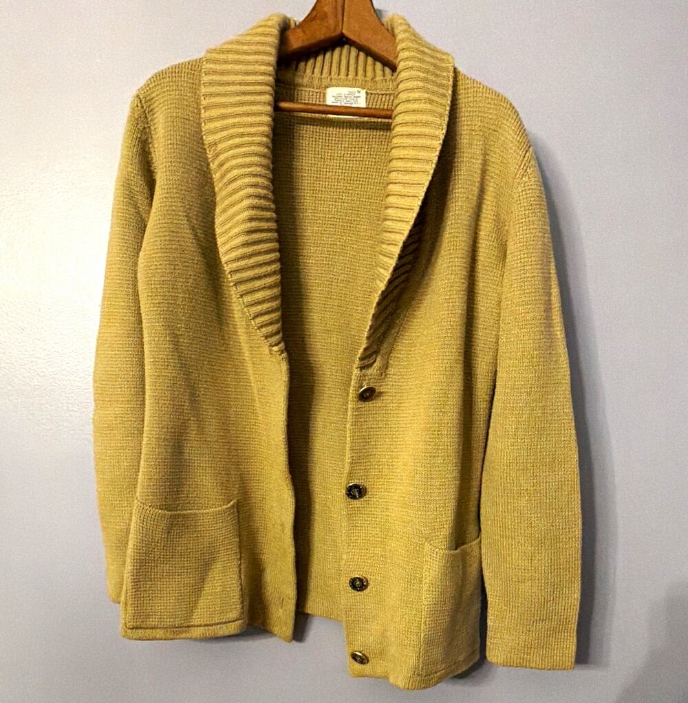 VTG Sears Men Beige Shawl Collar Cardigan Cobain Grunge Grandpa Hipster S